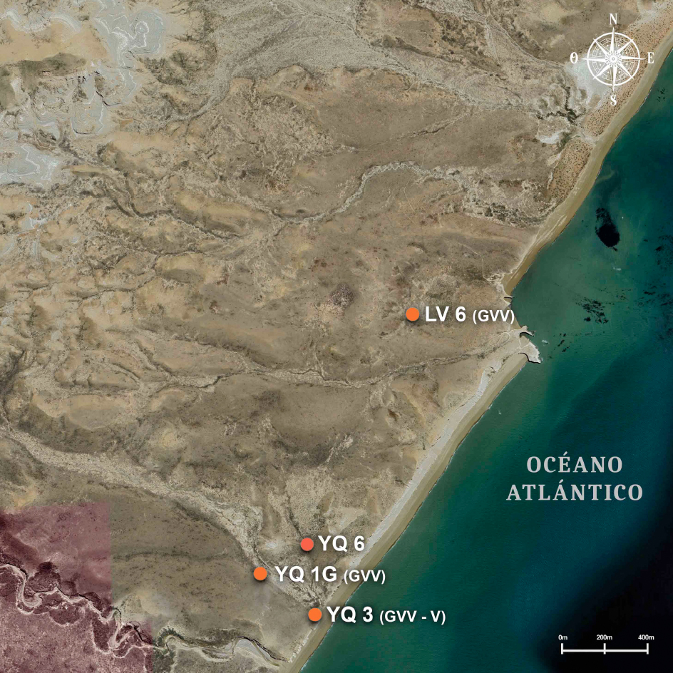 Ubicación de los sitios arqueológicos, sector sur del Parque Nacional Monte León, Provincia de Santa Cruz